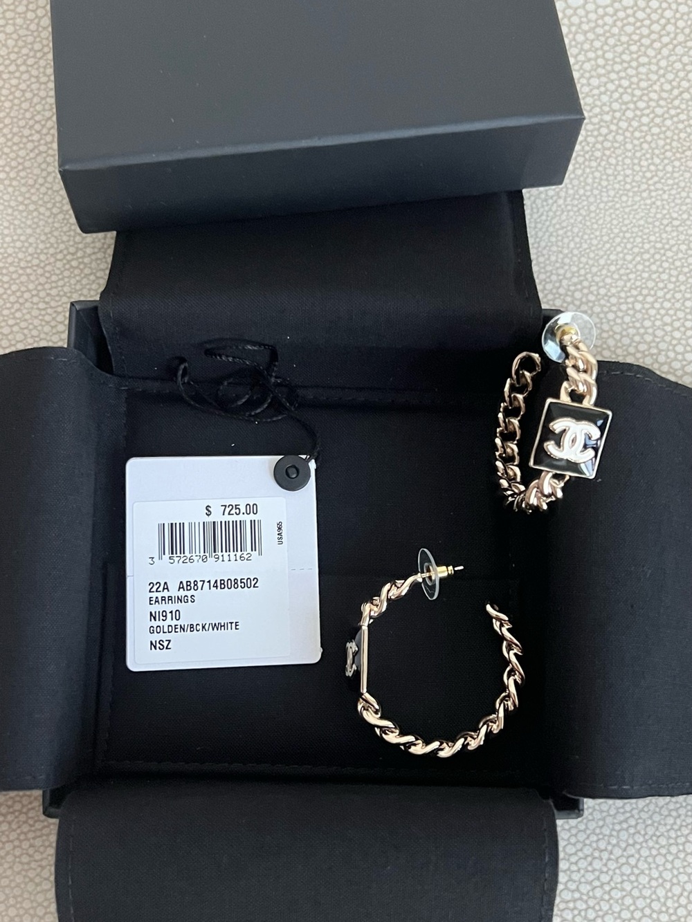 CHANEL Gold-Tone Chain Hoop Earrings with White CC Accent